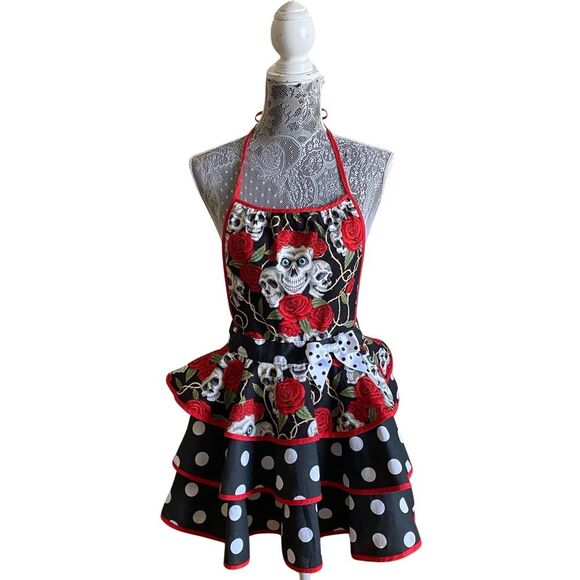 Handmade Skeleton Rose Polka Dot Ruffled Apron - Picture 1 of 5
